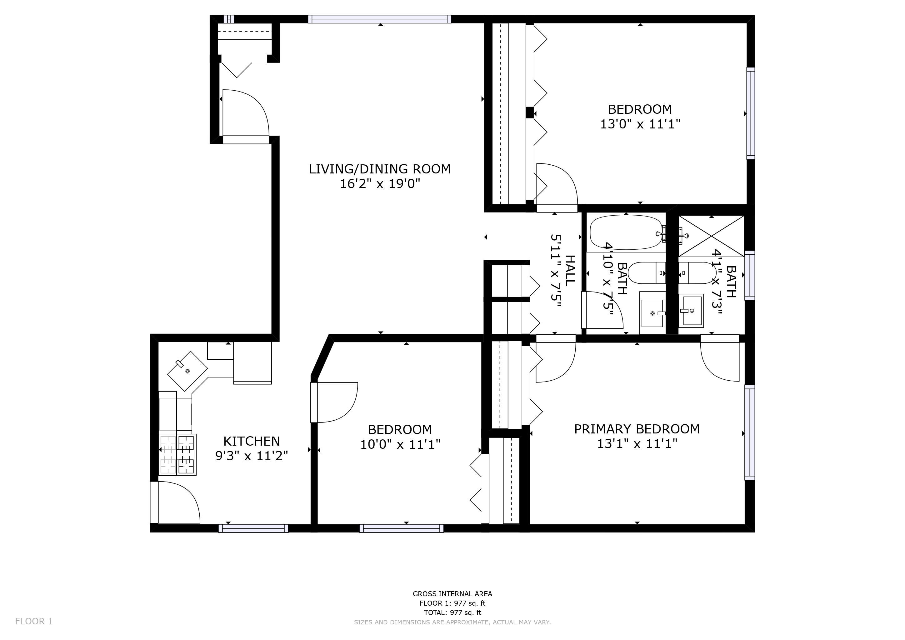 Floor plan for 3 beds, 2 baths, 1000 sqft